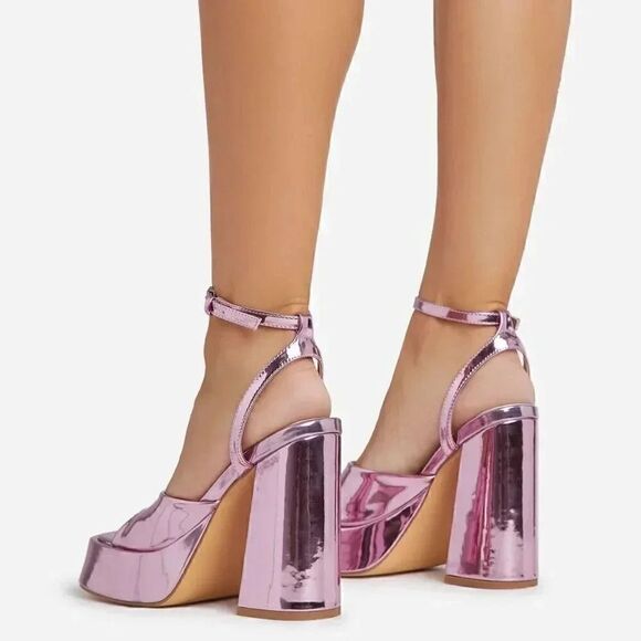 EGO NORRA ANKLE STRAP OPEN PEEP TOE PLATFORM BLOCK HEEL IN PINK PATENT - Picture 4 of 5